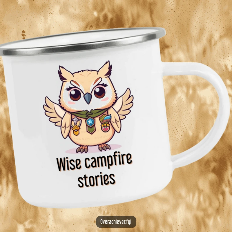 Funny camping mug with a diligent owl character proudly wearing numerous badges of honor, durable and symbolizing wisdom.