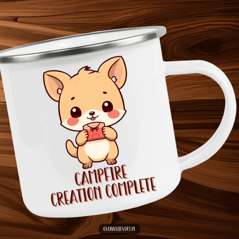 Funny animal camping mug, happily presenting a perfectly crafted small object, built for adventure and celebrating creativity humorously. A unique adventure gift.