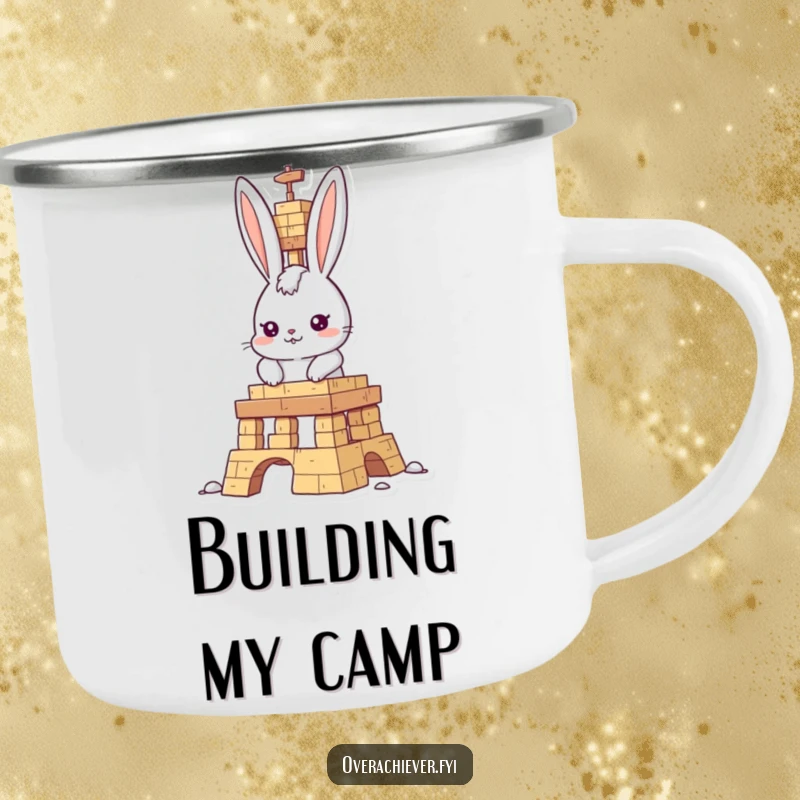 Funny rabbit builder camping mug, determined rabbit focused on building, perfect for outdoor adventures and humorous sipping.