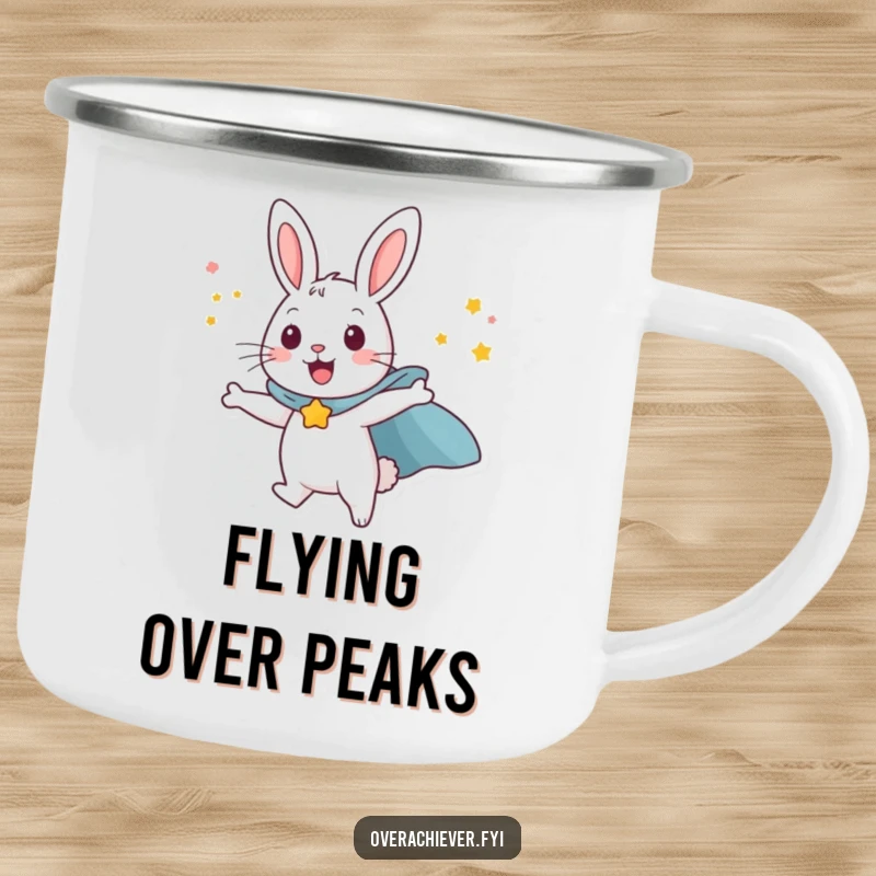 Funny happy rabbit character wearing a superhero cape, attempting to fly with sheer willpower, a durable and humorous camping mug.