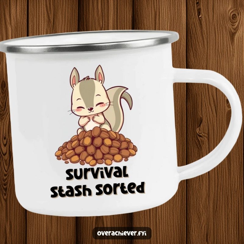 Funny camping mug with a hyperactive squirrel meticulously organizing nuts, ready for any outdoor expedition or cozy campfire.