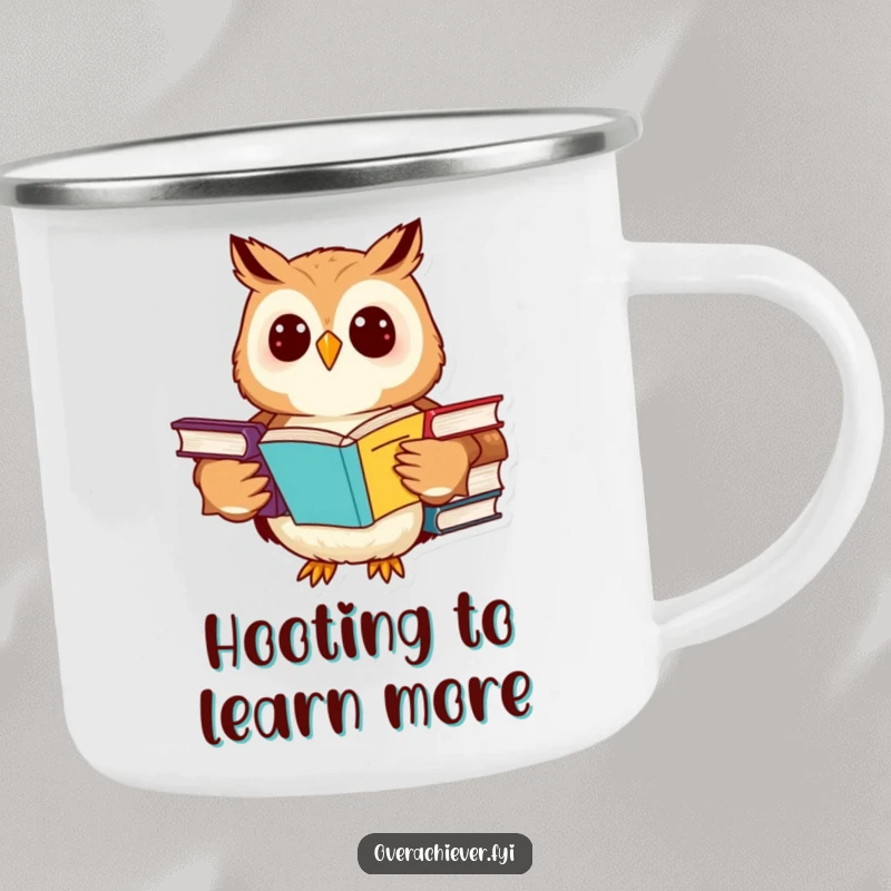 Funny owl camping mug featuring a cheerful character studying advanced textbooks, durable and humorous for outdoor use.