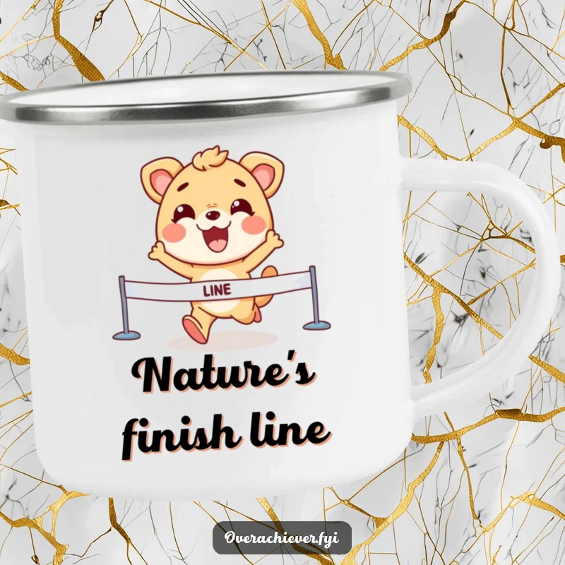 Funny Camping Mug with an animal character crossing a finish line, showing a determined grin, ideal for adventurous winners.