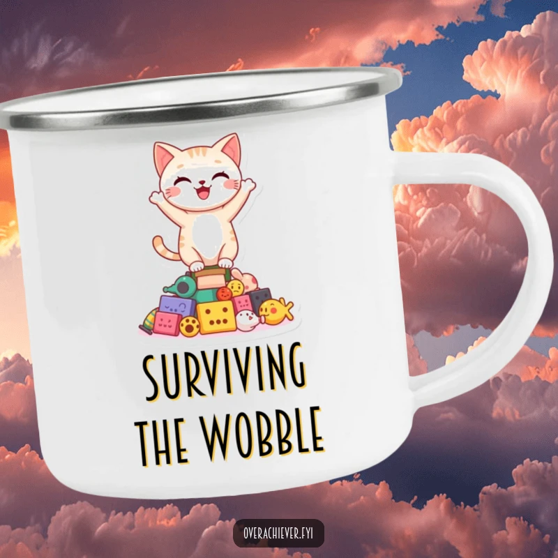 Funny happy cat character balancing on a shaky pile of toys on a durable camping mug, perfect for outdoor charm.