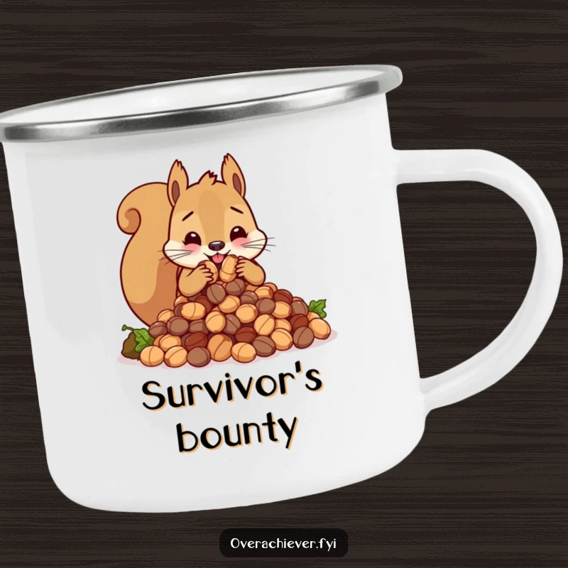 Funny cute squirrel character frantically stuffing an impossibly large amount of nuts, a durable and humorous camping mug.