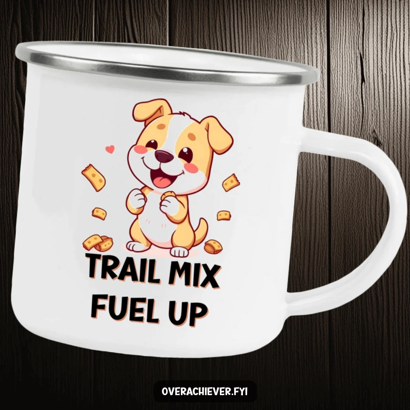 Funny Camping Mug: A happy dog character performing a treat trick in an outdoor setting, ready for adventure.