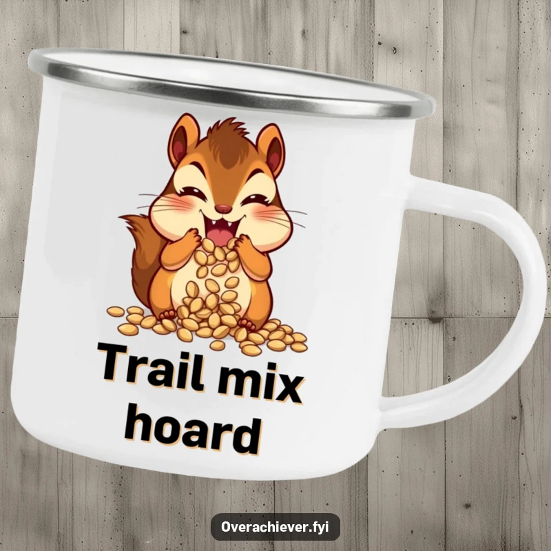 Funny chipmunk character with comically bulging cheeks, enthusiastically stuffing seeds, a rugged and humorous camping mug.