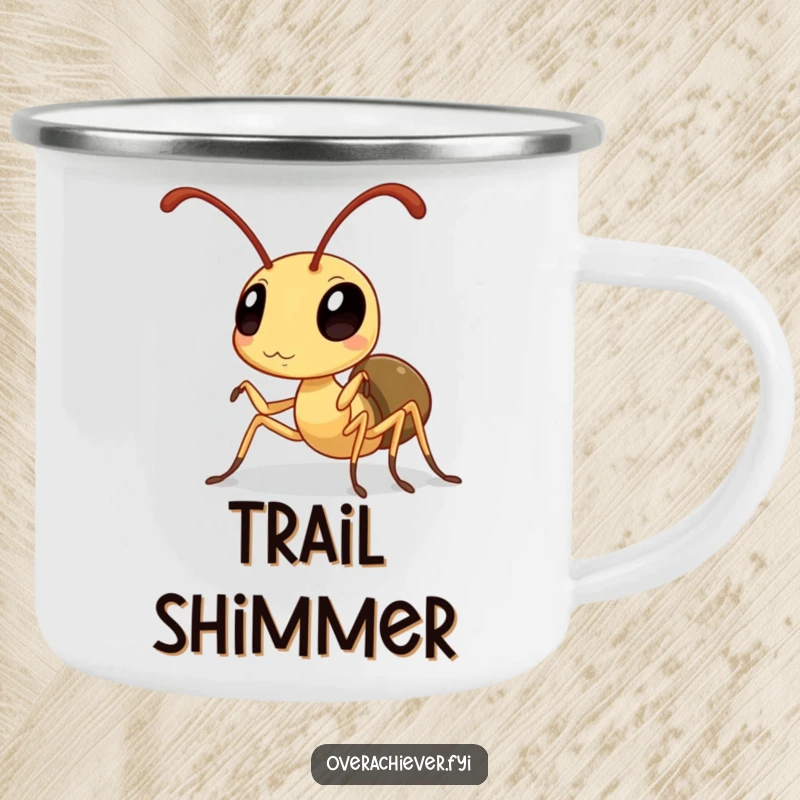 Funny Ant Camping Mug: A diligent ant polishing its antennae to a high sheen, perfect for outdoor use with humor.