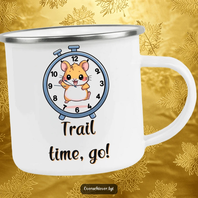Funny camping mug with a determined hamster character running on a wheel that also functions as a clock, durable and motivational.