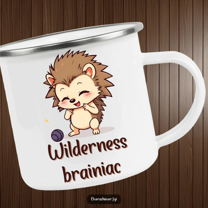 Funny Camping Mug: A determined hedgehog character learning skills with focused energy, perfect for outdoor coffee breaks.
