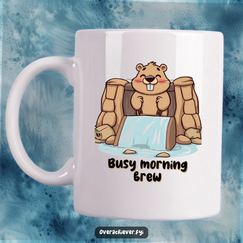Funny mug showing a cute beaver character with a proud smile, diligently building an excessively large dam.