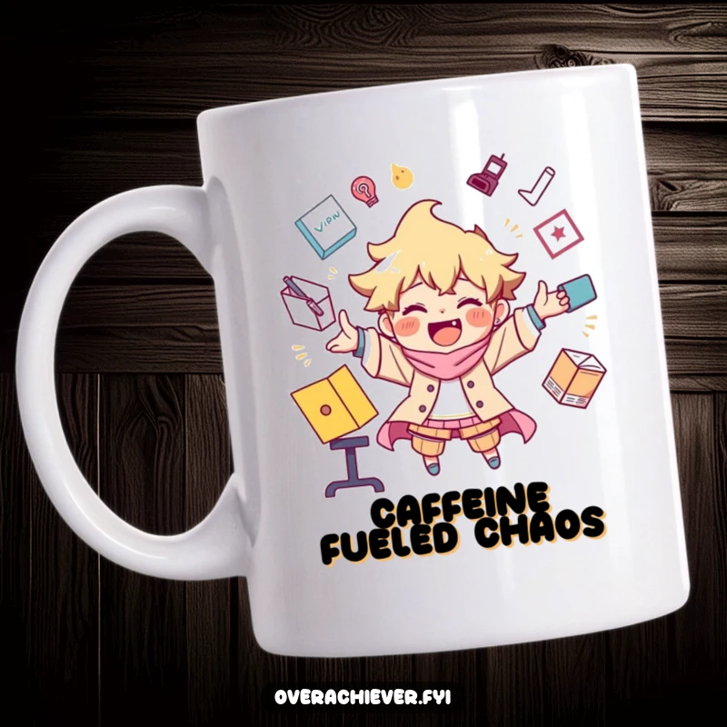 Funny mug showing a character joyfully juggling an overwhelming number of tasks with remarkable skill and a smile.