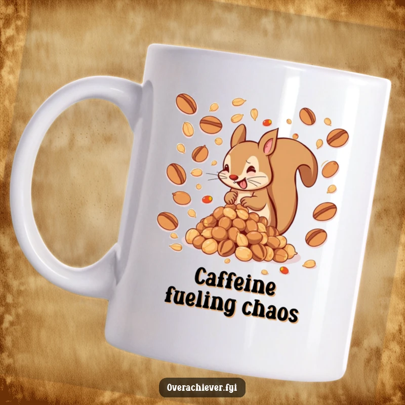 Funny mug showing a hyperactive squirrel struggling with a massive, impossible pile of nuts, a humorous depiction of ambition for a funny gift.