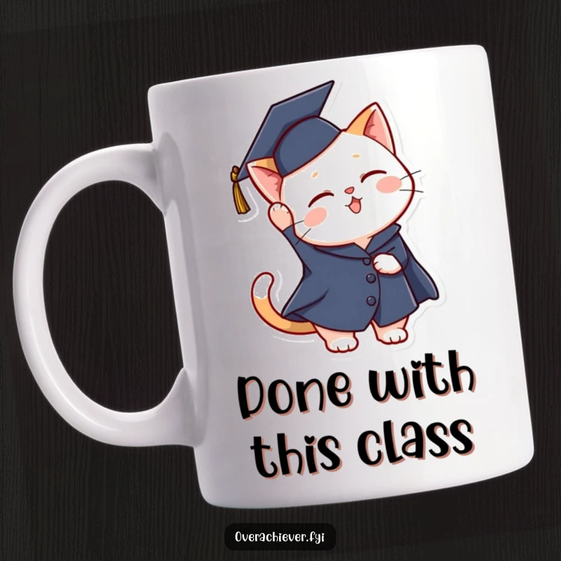 Funny graduation cat mug with a cute character in cap and gown tossing it joyfully in the air, celebrating achievement.