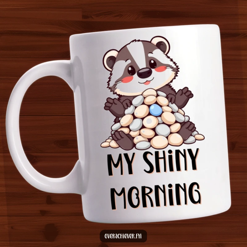 Funny mug showing a proud badger displaying a perfectly organized pile of shiny pebbles, symbolizing humor in order for a funny gift.