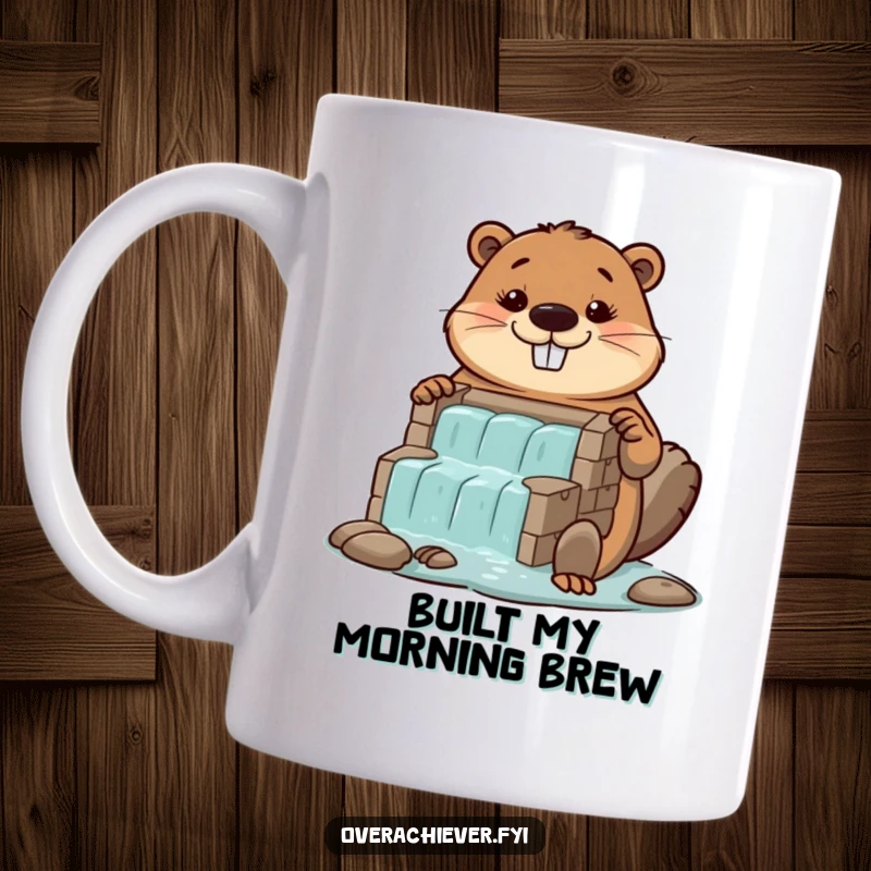 Funny diligent beaver mug, proudly showing off a colossal, perfectly built miniature dam structure.