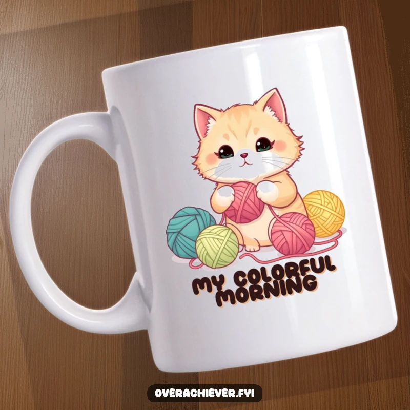 Funny fluffy cat meticulously organizing yarn balls by color gradient on a coffee mug, symbolizing feline order.