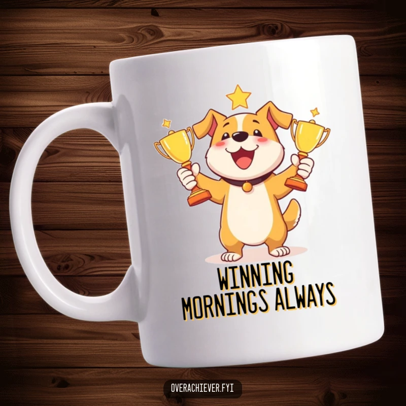 Funny dog juggling mug featuring a happy dog gleefully tossing three shiny trophies in the air.