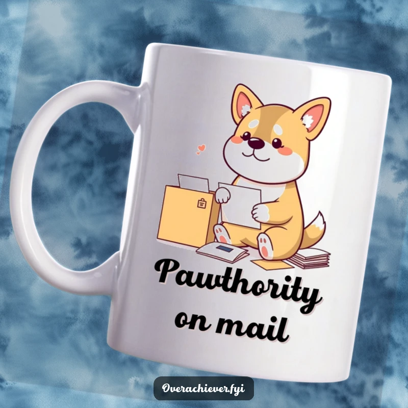 Funny Dog Mug: A bouncy dog meticulously sorting mail by sender, showcasing its dedication and humorous organizational skills.