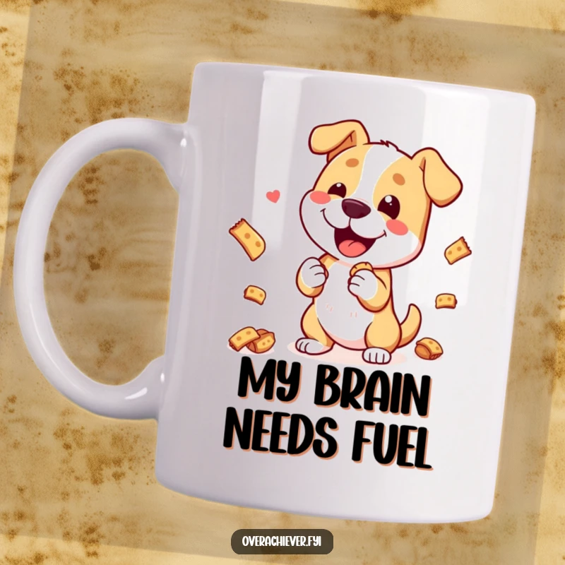 Funny Mug: A happy, excited dog character performing an elaborate trick, balancing many treats with skill and a big smile.