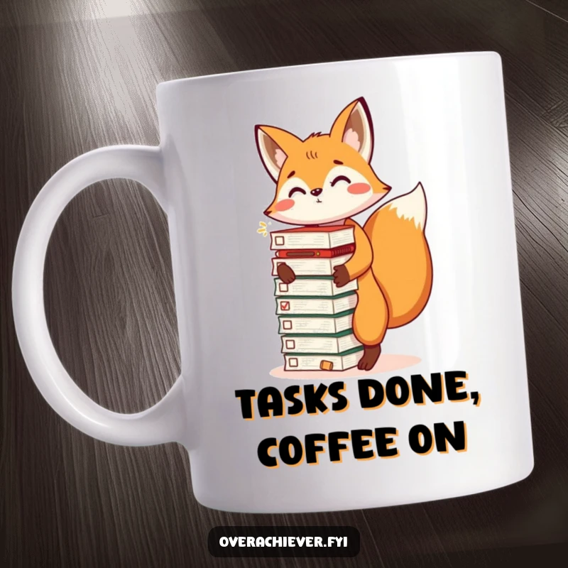 Funny mug showing an energetic fox balancing a tall stack of completed task lists, symbolizing humorous productivity for a funny gift.