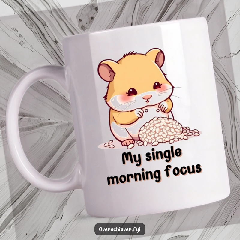 Funny determined hamster intensely counting a single grain of rice on a coffee mug, symbolizing focus and frugality.