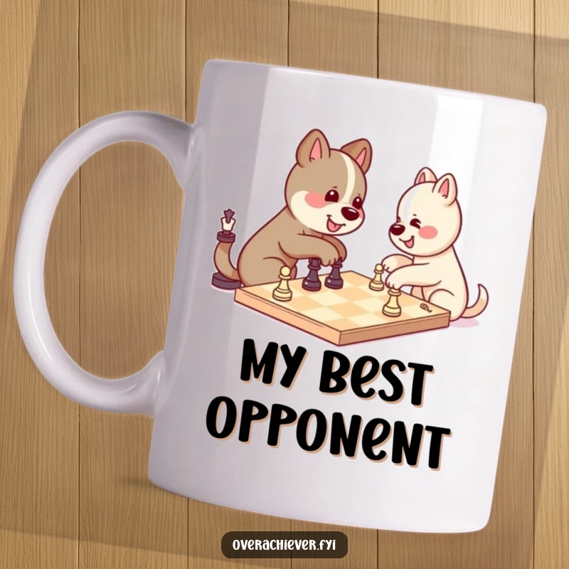 Funny kawaii dog character in deep thought, playing chess against itself and winning with a triumphant smirk, best humorous gift mug.