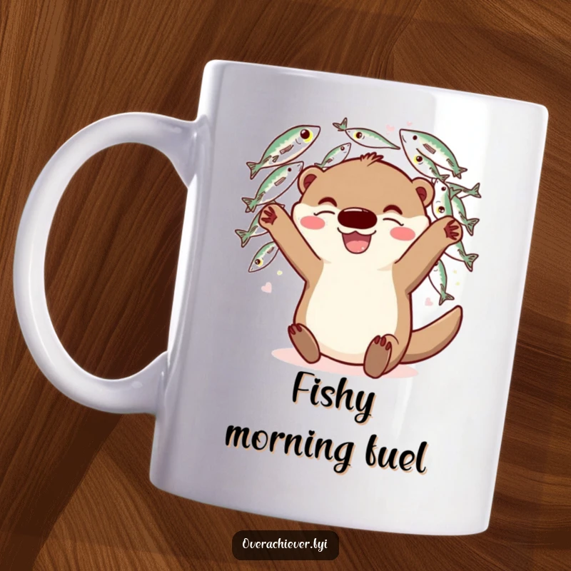 Funny Mug: A playful otter character joyfully juggling an excessive amount of fish with a wide, happy grin.