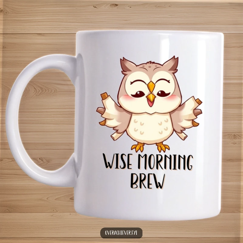 Funny cheerful owl character trying to multitask with too many scrolls unfurled, a humorous mug.