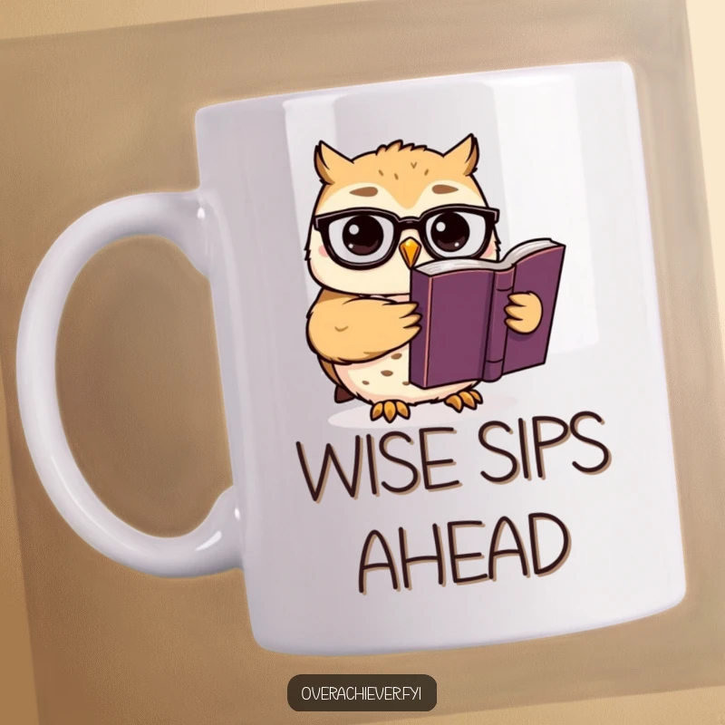 Funny mug art: A cute owl character wearing spectacles intently reads a large, important-looking book, embodying scholarly charm.