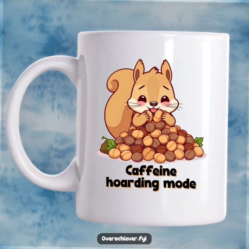 Funny cute squirrel character frantically stuffing an impossibly large amount of nuts into its cheeks, a humorous mug.