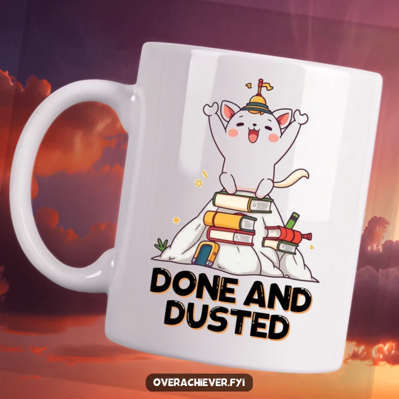 Funny mug with a happy animal character triumphantly celebrating on top of a huge mountain of tasks, a symbol of achievement.
