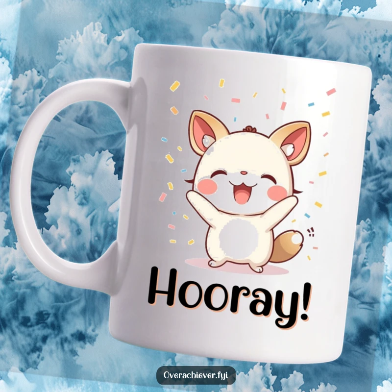 Funny mug with a small animal character cheering enthusiastically amidst a shower of confetti, a depiction of pure celebration.