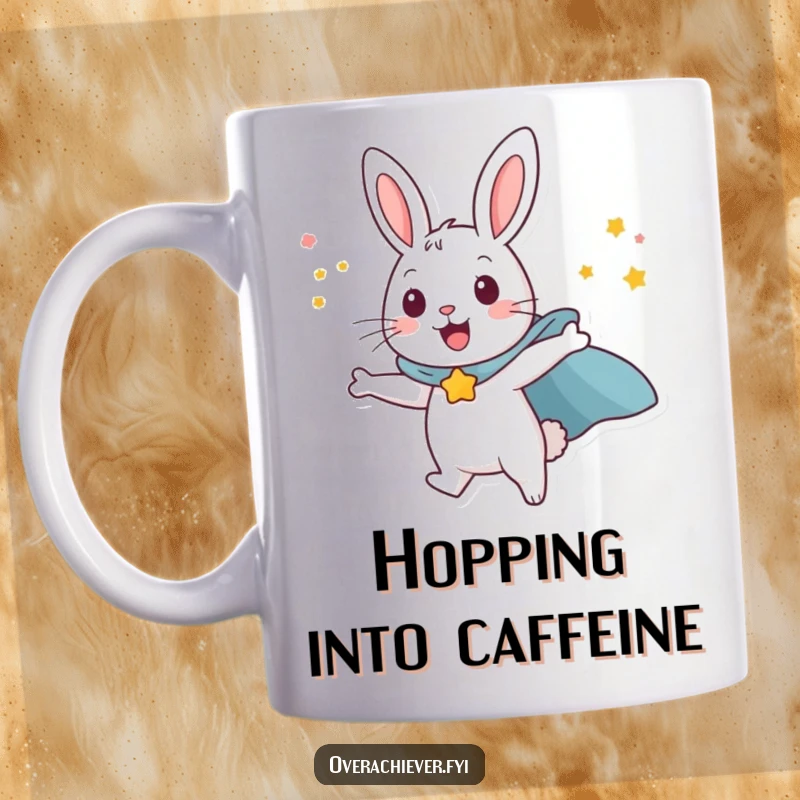 Funny happy rabbit character wearing a superhero cape, attempting to fly with sheer willpower, a humorous mug.