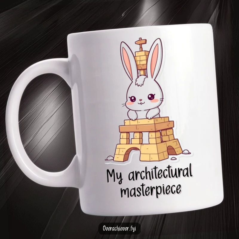 Funny rabbit builder mug, determined character constructing a massive tower with a focused expression, symbolizing ambition and humor.