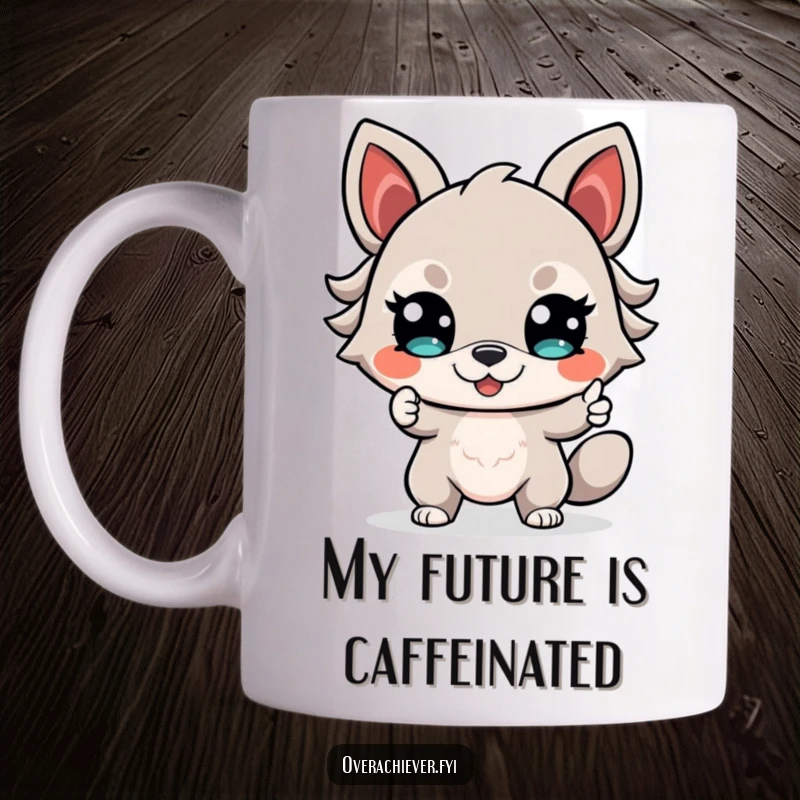 Funny Mug featuring a determined animal with a confident smile, joyfully pointing towards a bright, optimistic future.