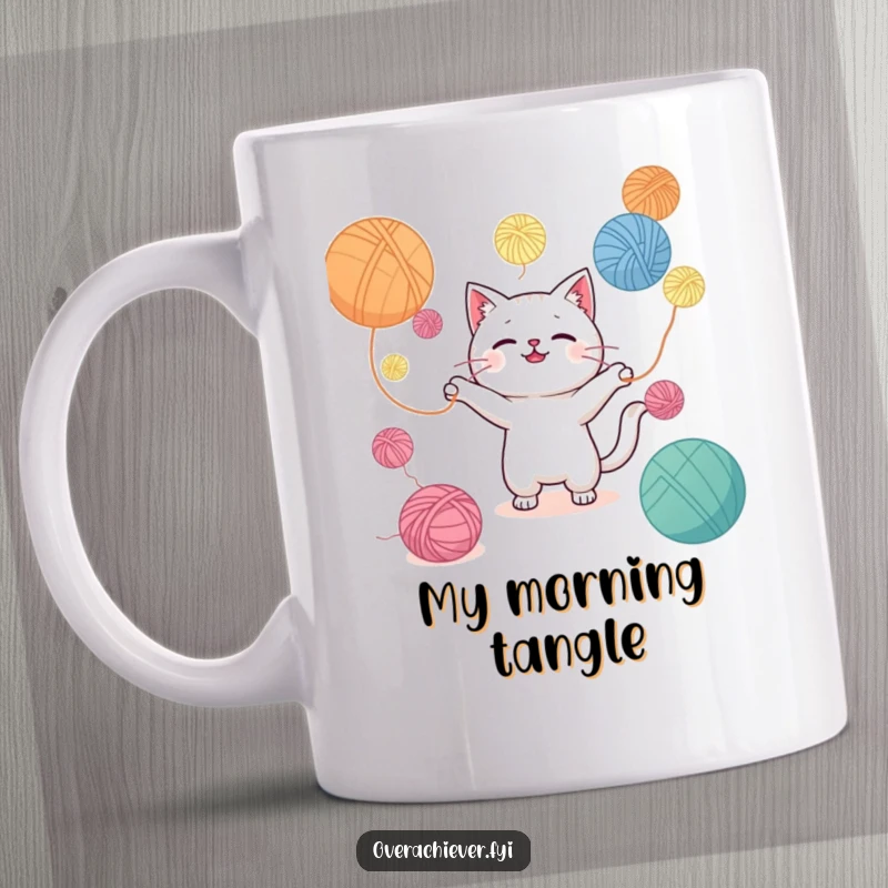 Funny Kawaii cat character adorably juggling an impossibly large amount of colorful yarn balls, looking slightly overwhelmed but cute.