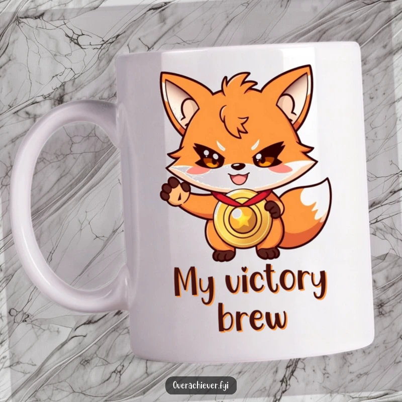 Funny driven fox mug, with a determined grin, presenting a shiny, oversized gold medal.
