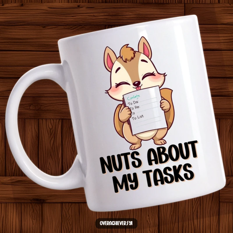 Funny squirrel mug showing a winking squirrel proudly holding a large stack of completed to-do lists.