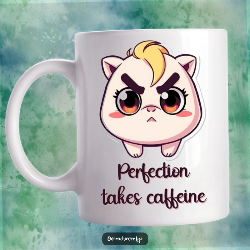 Funny mug showcasing a character with determined eyes, meticulously ironing a single tiny wrinkle with intense focus.