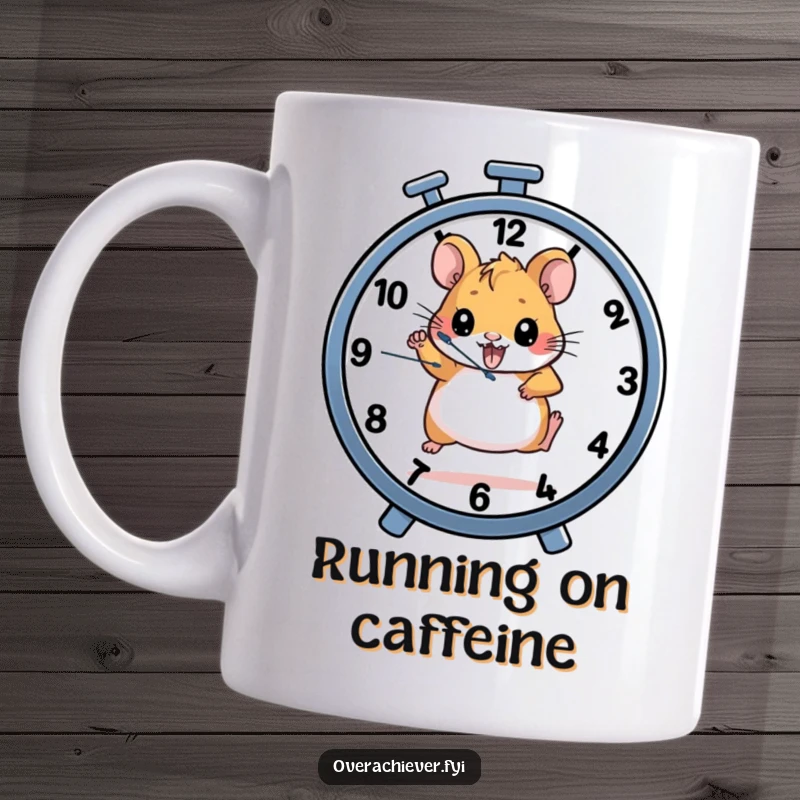 Funny mug with a determined hamster character energetically running on a wheel that also functions as a clock, symbolizing time management.