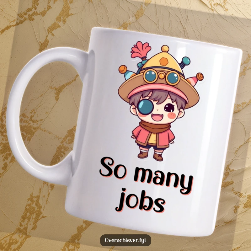 Funny multitasker mug showing a proud character wearing multiple hats stacked high, symbolizing versatility and achievement. Humorous accomplishment gift.