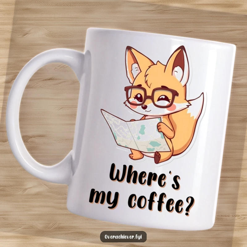 Funny Mug: A playful fox wearing spectacles, diligently studying a large, detailed map, symbolizing curious exploration and humor.