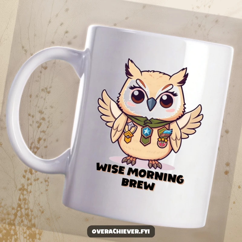 Funny mug with a diligent owl character proudly wearing numerous badges of honor, symbolizing wisdom and achievement.