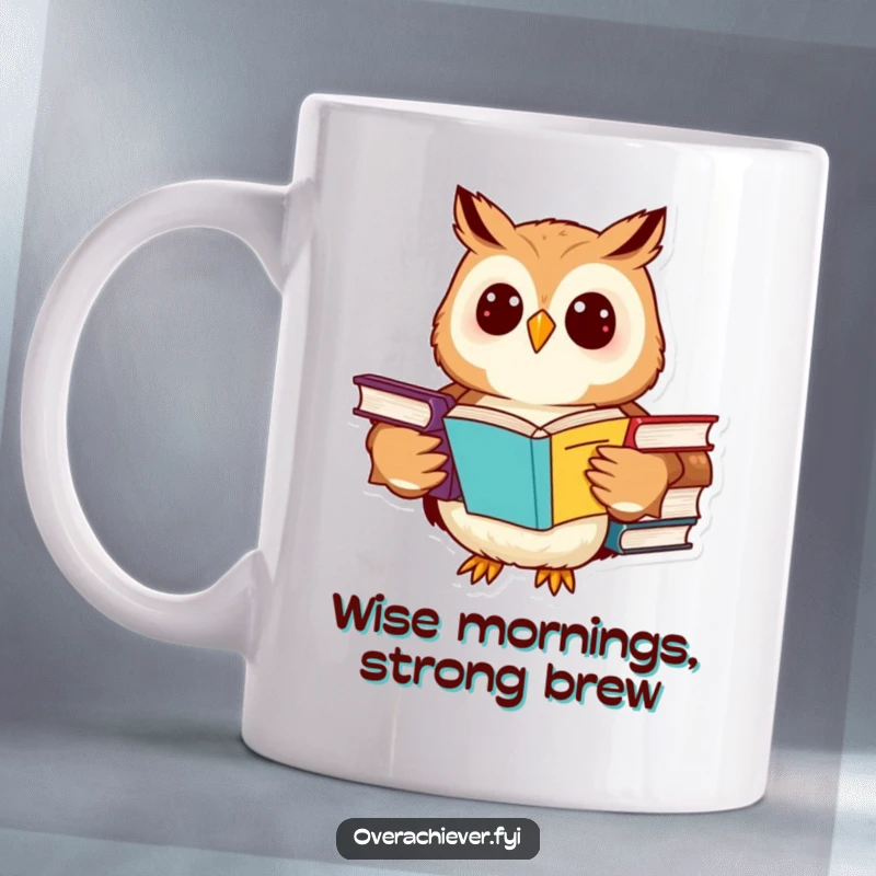 Funny owl mug with a cheerful character studying multiple advanced textbooks at once, symbolizing intelligence.