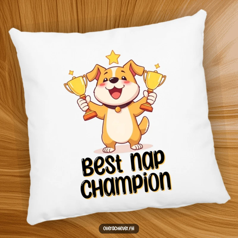 Funny dog juggling trophies pillow featuring a joyful dog gleefully tossing three shiny awards, symbolizing success and playfulness.