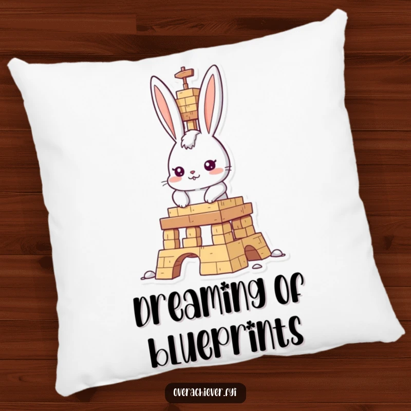 Funny rabbit builder pillow, determined rabbit character intently building a tall structure, offering soft comfort and humorous appeal.