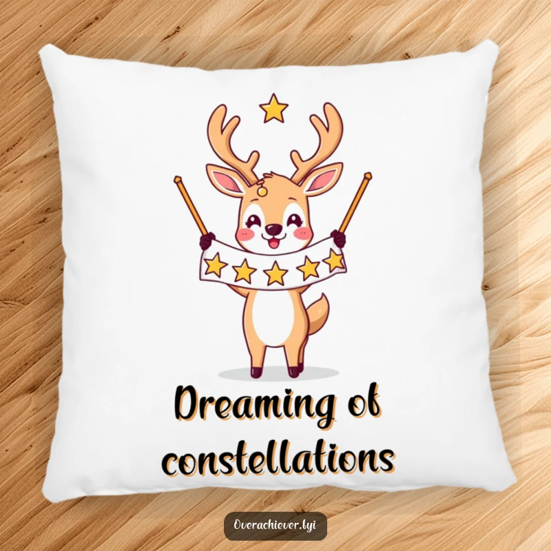 Funny pillow decor: A triumphant deer character holds a banner filled with stars, adding humorous celebration and comfort to any room.