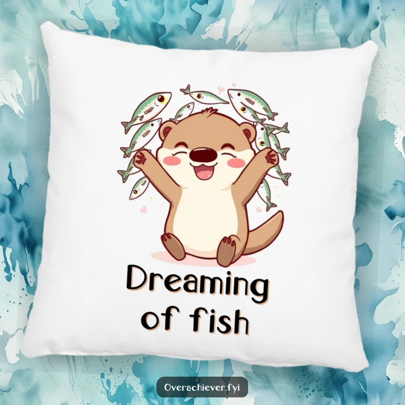 Funny Pillow: A grinning otter character juggling fish, offering humorous comfort and playful vibes.