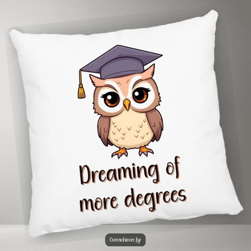 Funny graduation owl pillow featuring a determined owl in a giant cap, offering comfort and academic amusement.